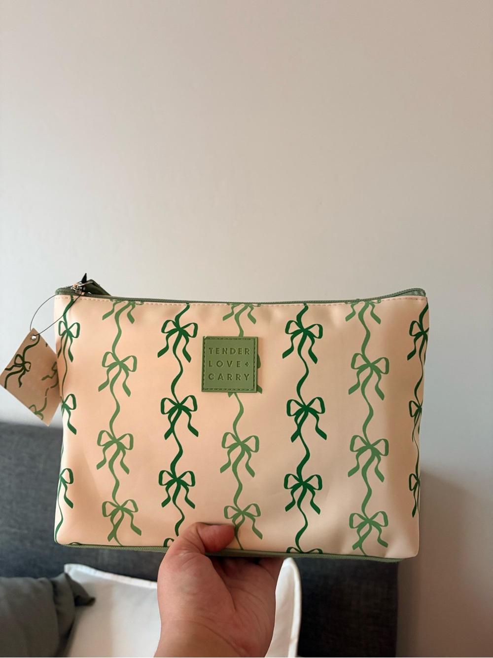 Tender Love and Carry Cream/Green Bow Makeup/Cosmetic Bag